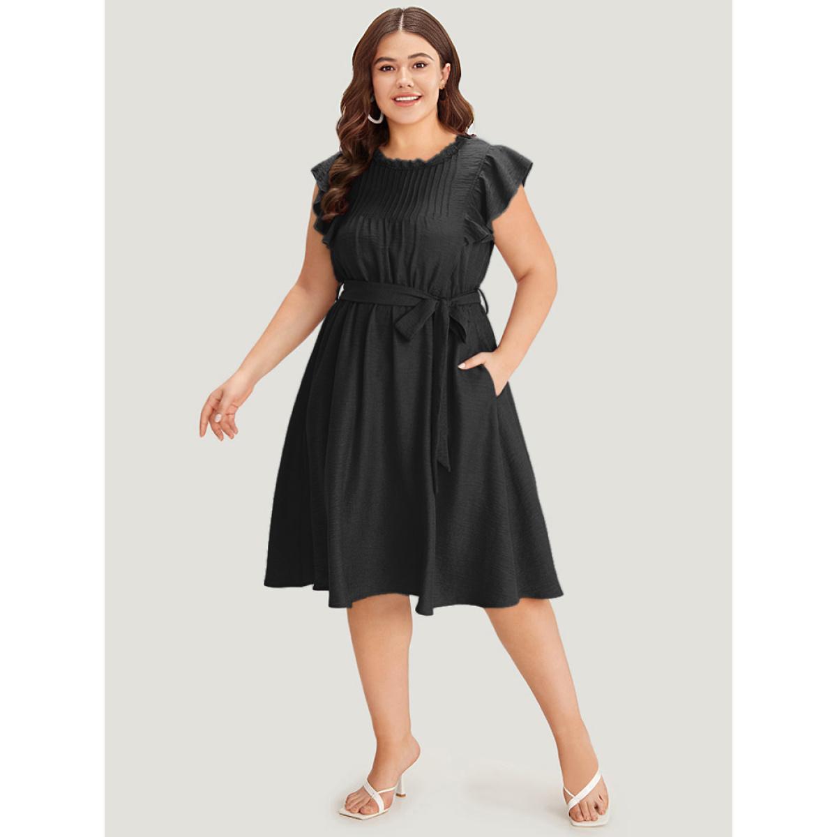 Plus Size Solid Pocket Lace Insert Pleated Flutter Sleeve Dress Black Women Office Gathered Round Neck Sleeveless Curvy Knee Dress BloomChic 10/M Product Image