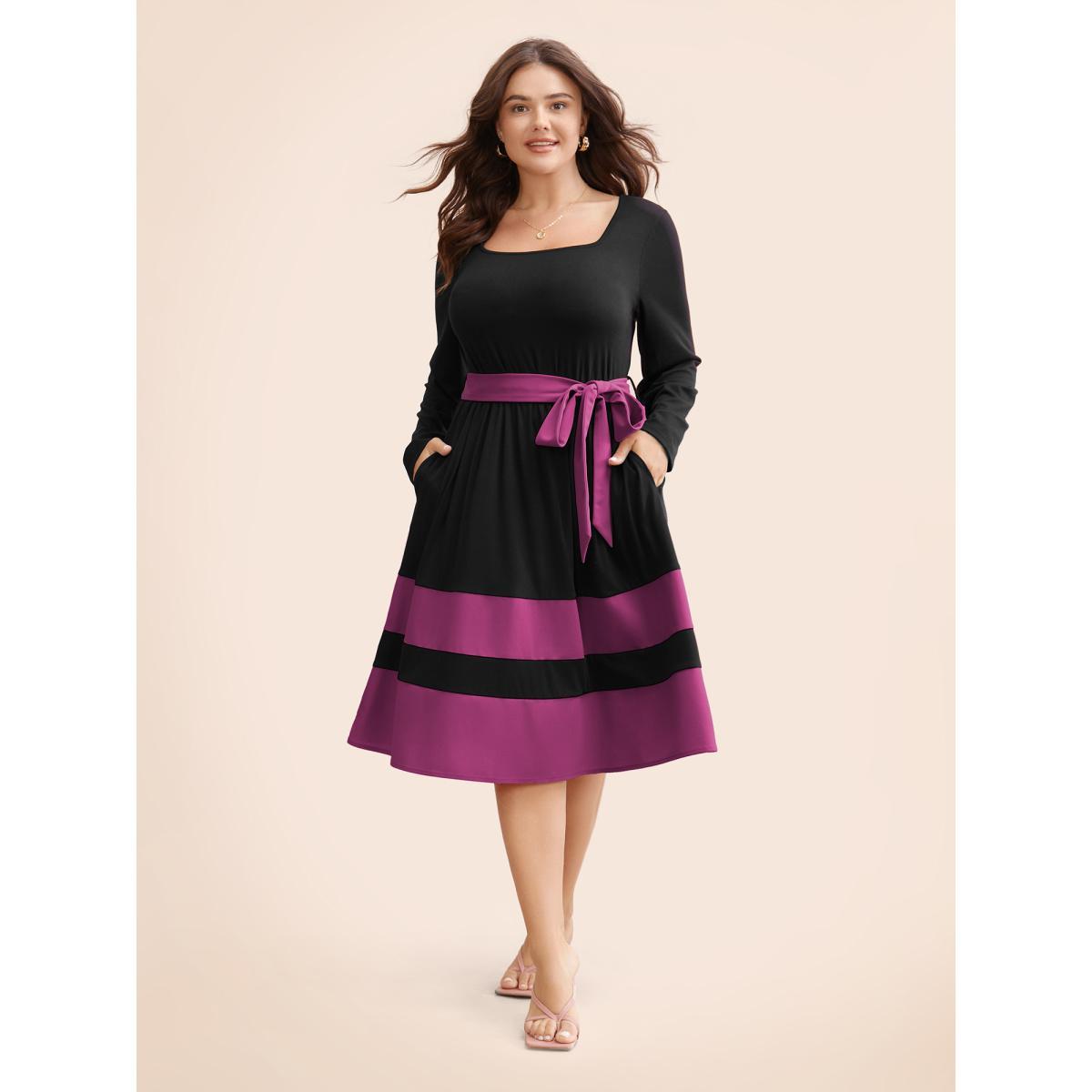 Plus Size Two Tone Belted Bowknot Square Neck Dress RedViolet Women Elegant Non Square Neck Long Sleeve Curvy Knee Dress BloomChic 30/6X Product Image