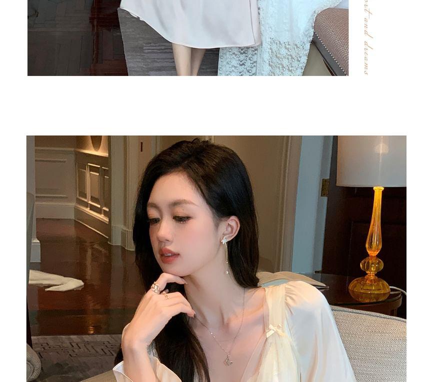 Puff-Sleeve Plain Lace Trim Pajama Dress Product Image