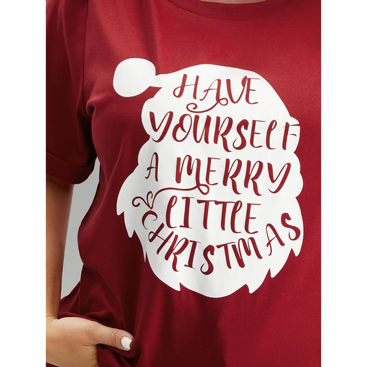 Plus Size Christmas Print Round Neck Roll Sleeve T-shirt Raspberry Women Casual Printed Christmas Festival-Christmas T-shirts BloomChic 30/6X Product Image