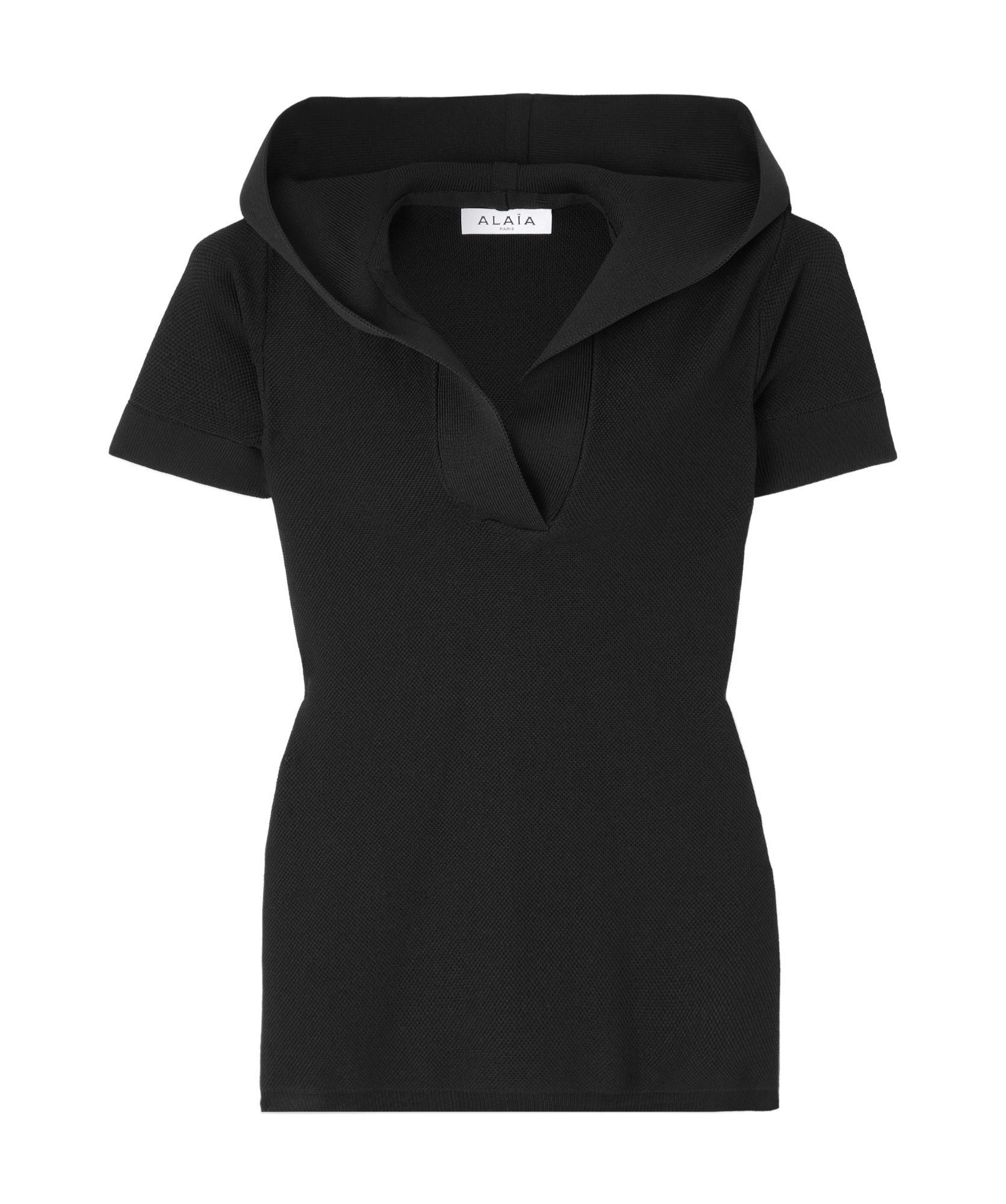 ALAÏA Hooded Knitted V-neck T-shirt In Black Product Image