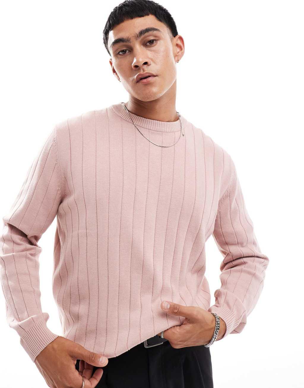 ASOS DESIGN relaxed knitted wide rib sweater in pink Product Image