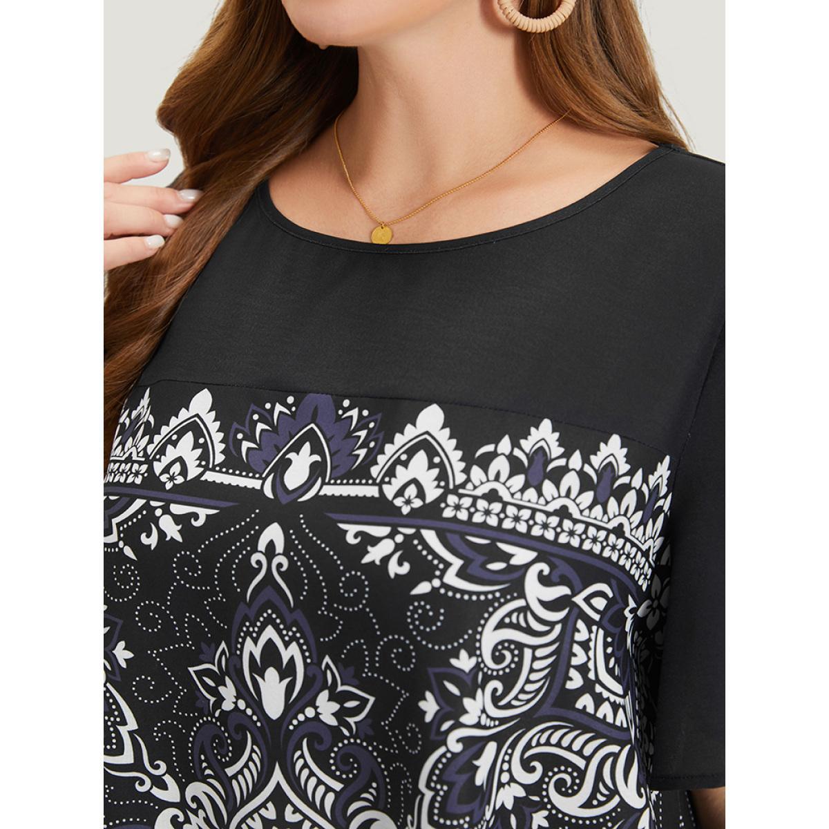 Plus Size Indigo Boho Print Crew Neck Flutter Sleeve Hanky Hem Blouse Women Vacation Short sleeve Round Neck Dailywear Blouses BloomChic 26/4X Product Image