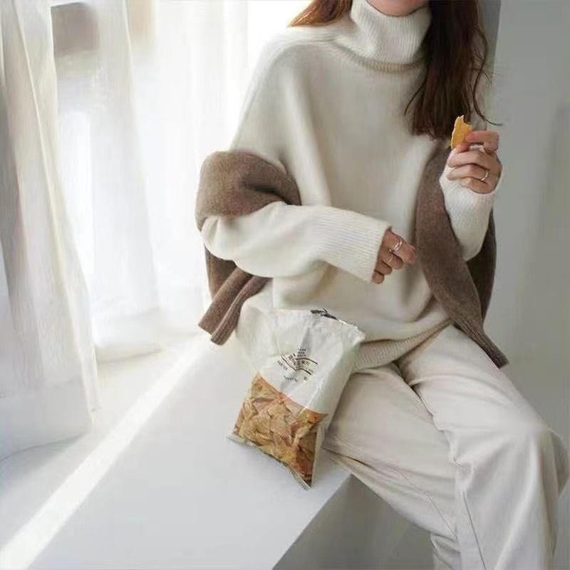 Drop Shoulder Turtleneck Plain Oversized Sweater Product Image