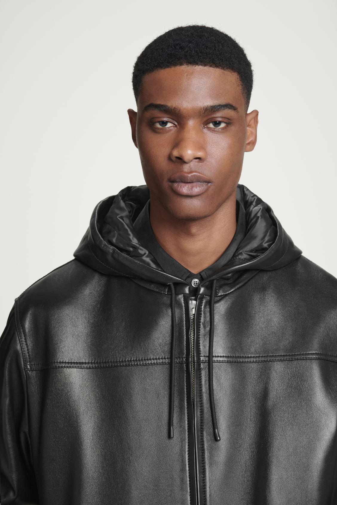 HOODED LEATHER BOMBER JACKET Product Image