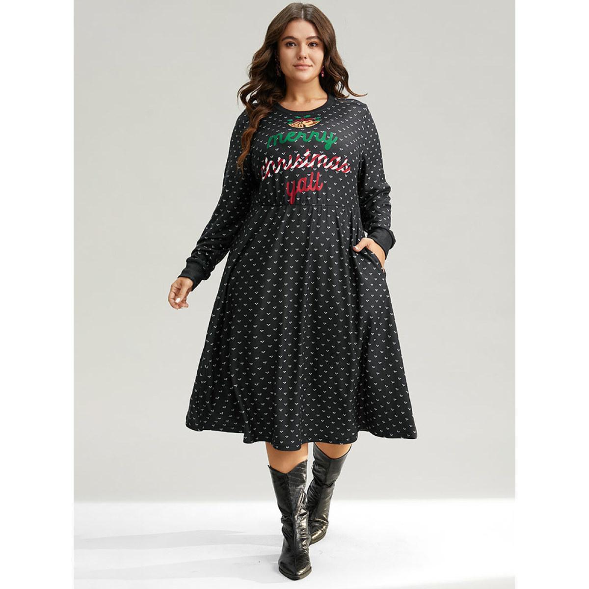 Plus Size Christmas Letter Print Pocket Elastic Waist Dress Black Women Casual Printed Round Neck Long Sleeve Curvy Midi Dress BloomChic 26/4X Product Image