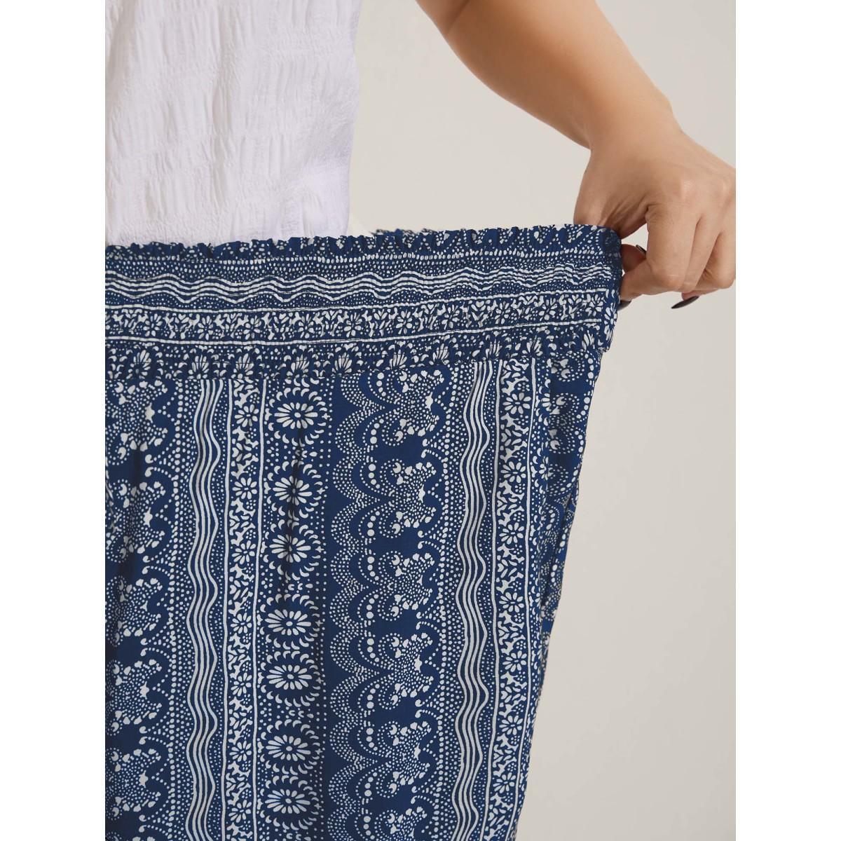 Plus Size Boho Print Shirred Waist Wide-Leg Pants Women Moss Resort Wide Leg Mid Rise Vacation Pants BloomChic 22-24/3X Product Image