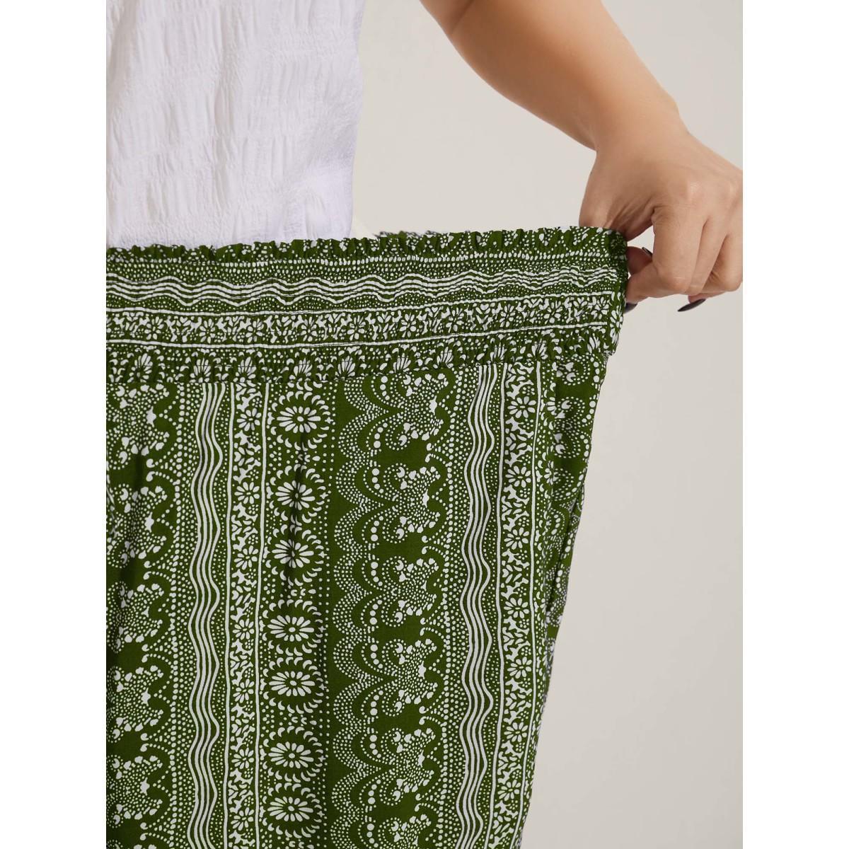 Plus Size Boho Print Shirred Waist Wide-Leg Pants Women Moss Resort Wide Leg Mid Rise Vacation Pants BloomChic 22-24/3X Product Image