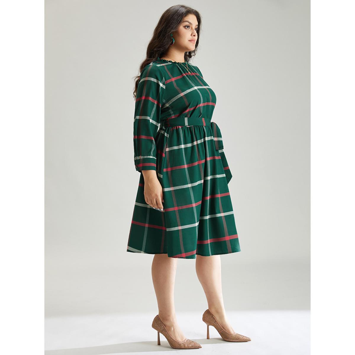 Plus Size Plaid Stand Collar Gathered Belted Dress Multicolor Women Office Printed Stand-up collar Elbow-length sleeve Curvy Midi Dress BloomChic 14-16/1X Product Image