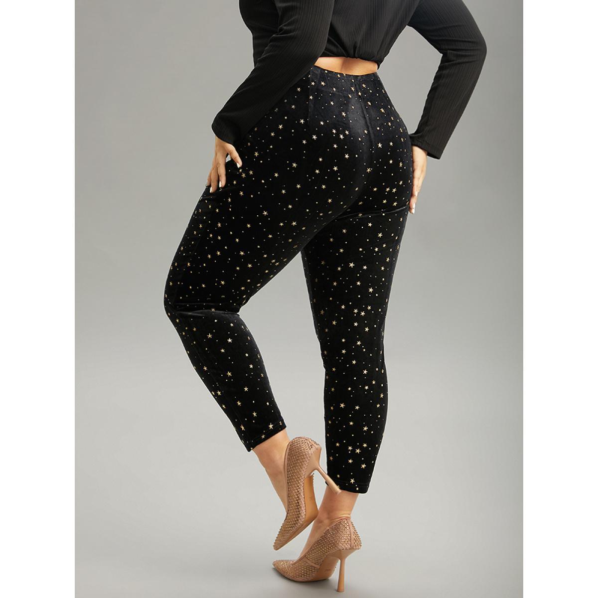 Plus Size Star Glitter Split Hem High Rise Skinny Leggings Women Black Glamour High stretch Skinny High Rise Party Leggings BloomChic 22-24/3X Product Image