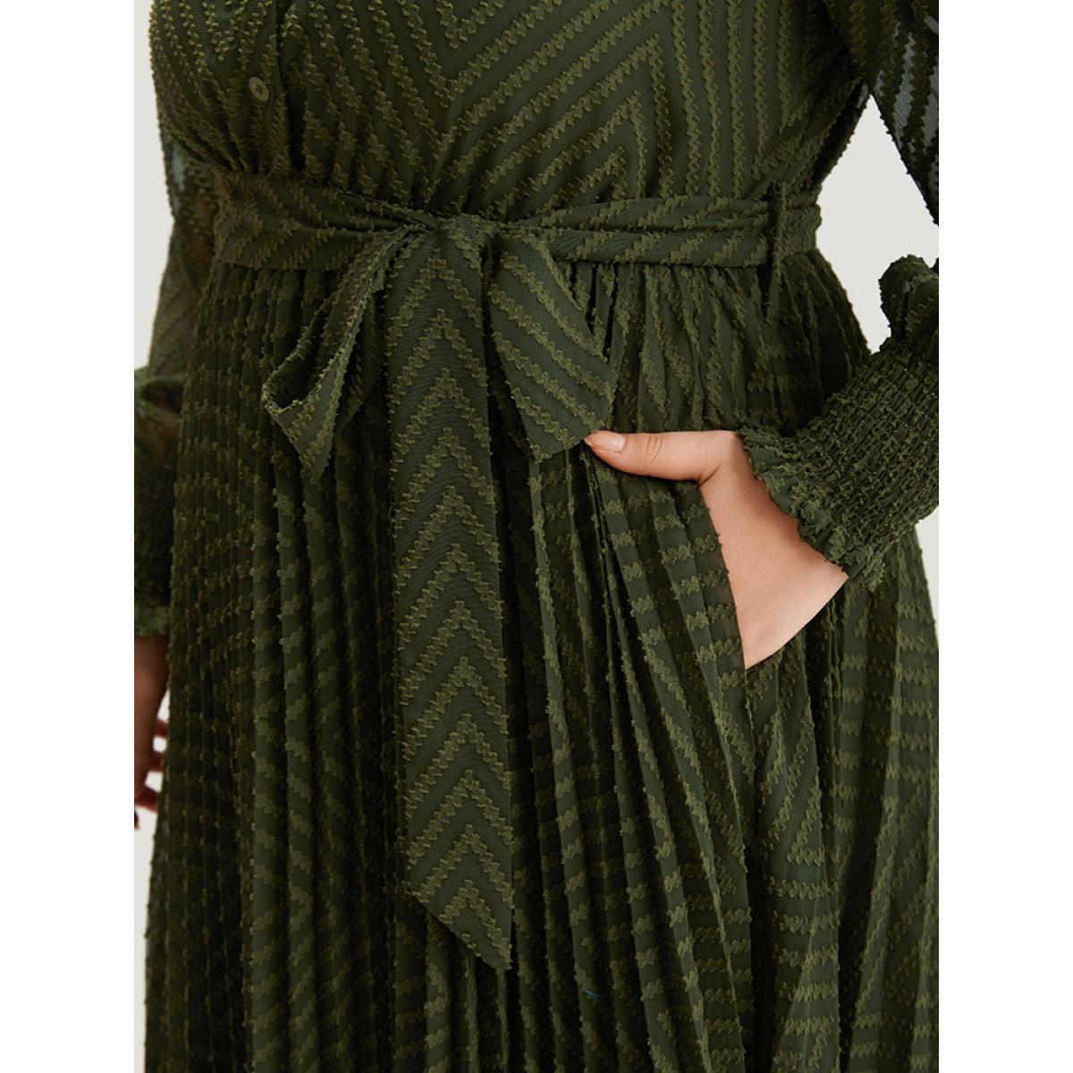 Plus Size Shirred Belted Pocket Shirt Collar Button Through Dress ArmyGreen Women Office Elastic cuffs Shirt collar Long Sleeve Curvy Midi Dress BloomChic 28/5X Product Image