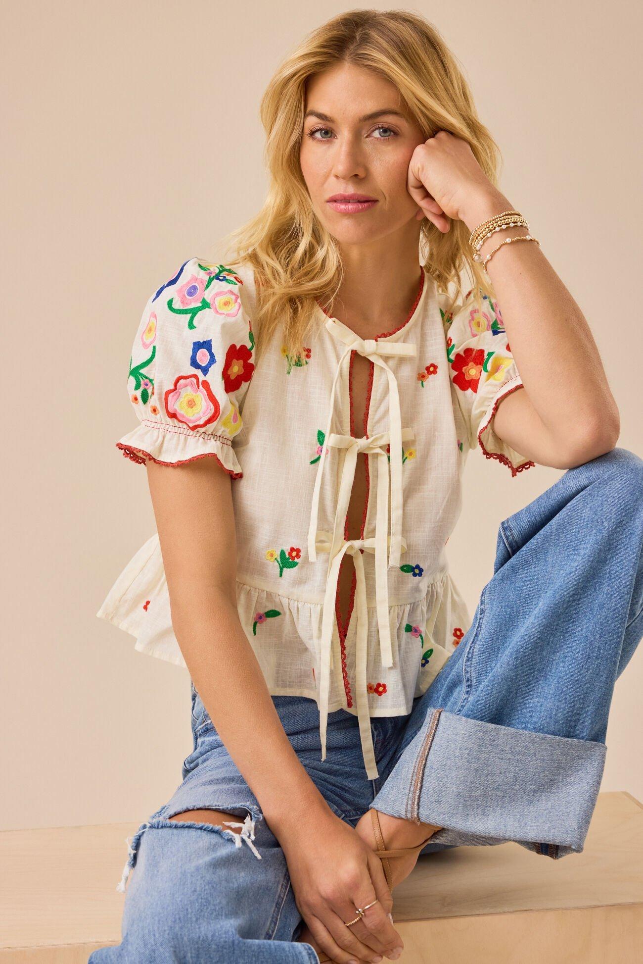 Rosalie Tie Front Embroidered Top Product Image