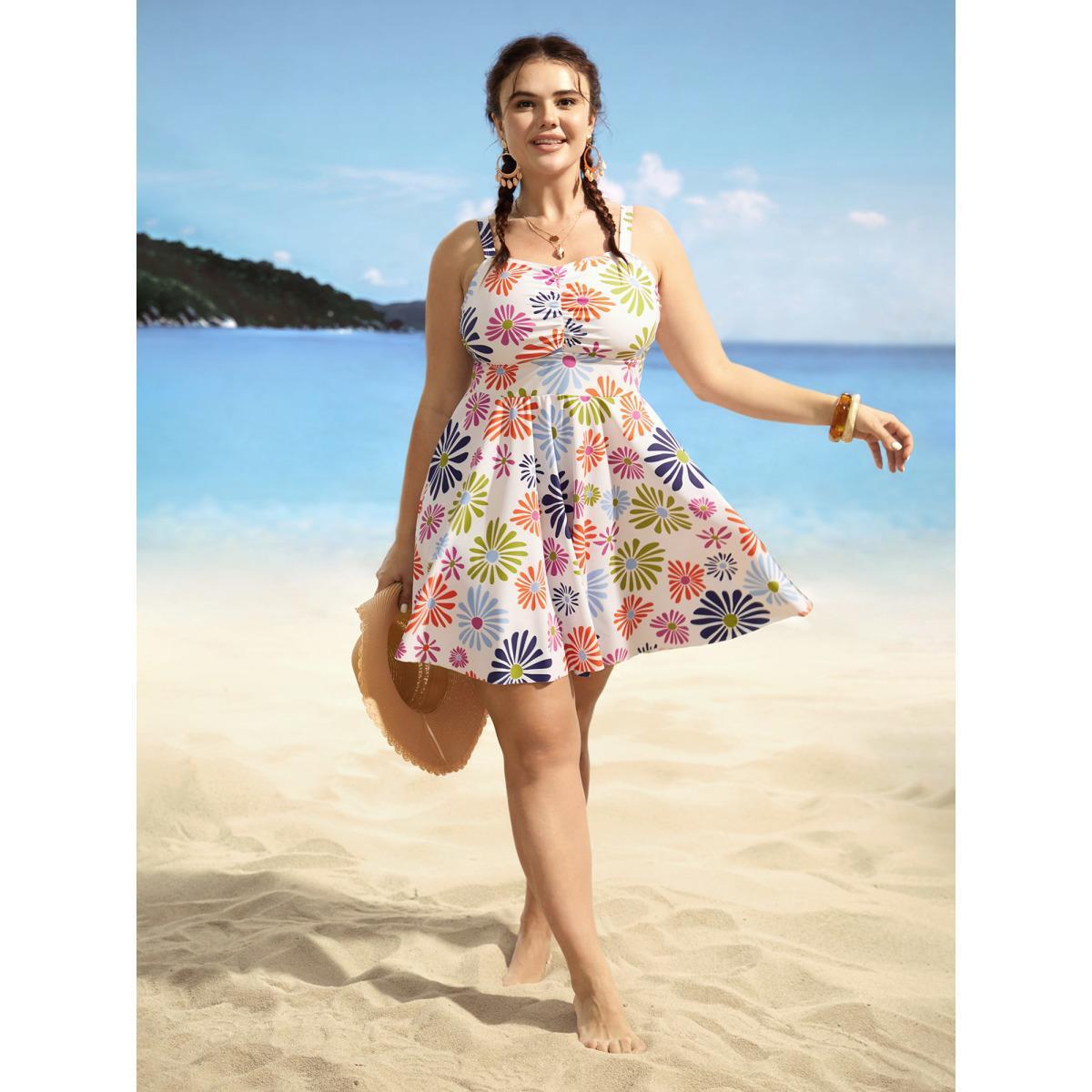 Plus Size Floral Heart Neckline Ruched Swim Dress Women's Swimwear Originalwhite Beach Bodycon Heart neckline High stretch Curve Swim Dresses BloomChic 14-16/1X Product Image