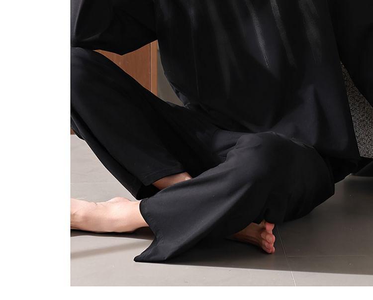 Pajama Set: Long-Sleeve Round Neck Lettering T-Shirt + Plain Pants Product Image