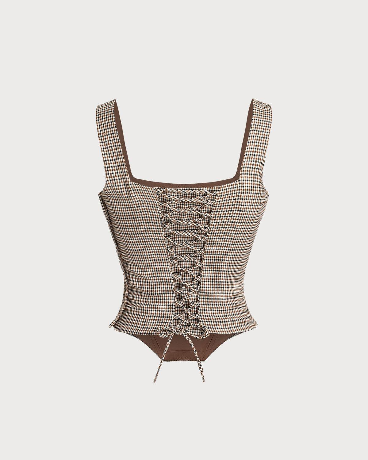 Brown Plaid Square Neck Cami Top Product Image