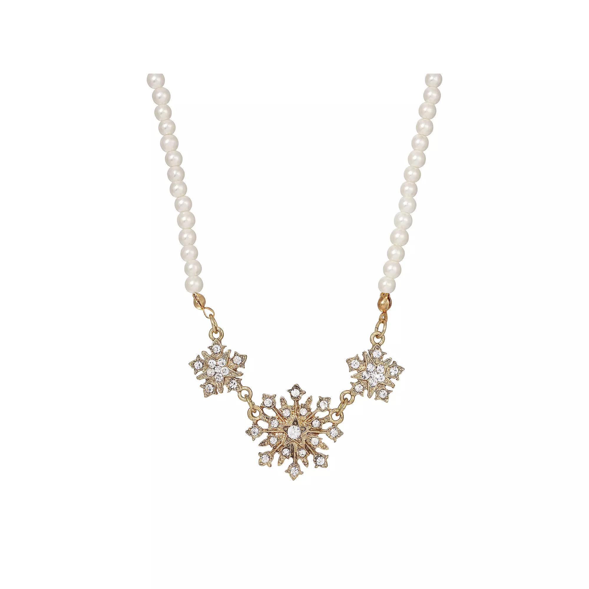 1928 Gold Tone Simulated Pearl & Crystal Starburst Necklace, Womens, Gold White Product Image