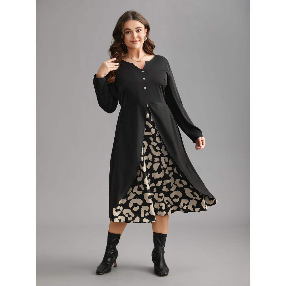 Plus Size Leopard Print Two-Piece Elastic Waist Dress Black Women Elegant Patchwork Notched collar Long Sleeve Curvy BloomChic 12/L Product Image