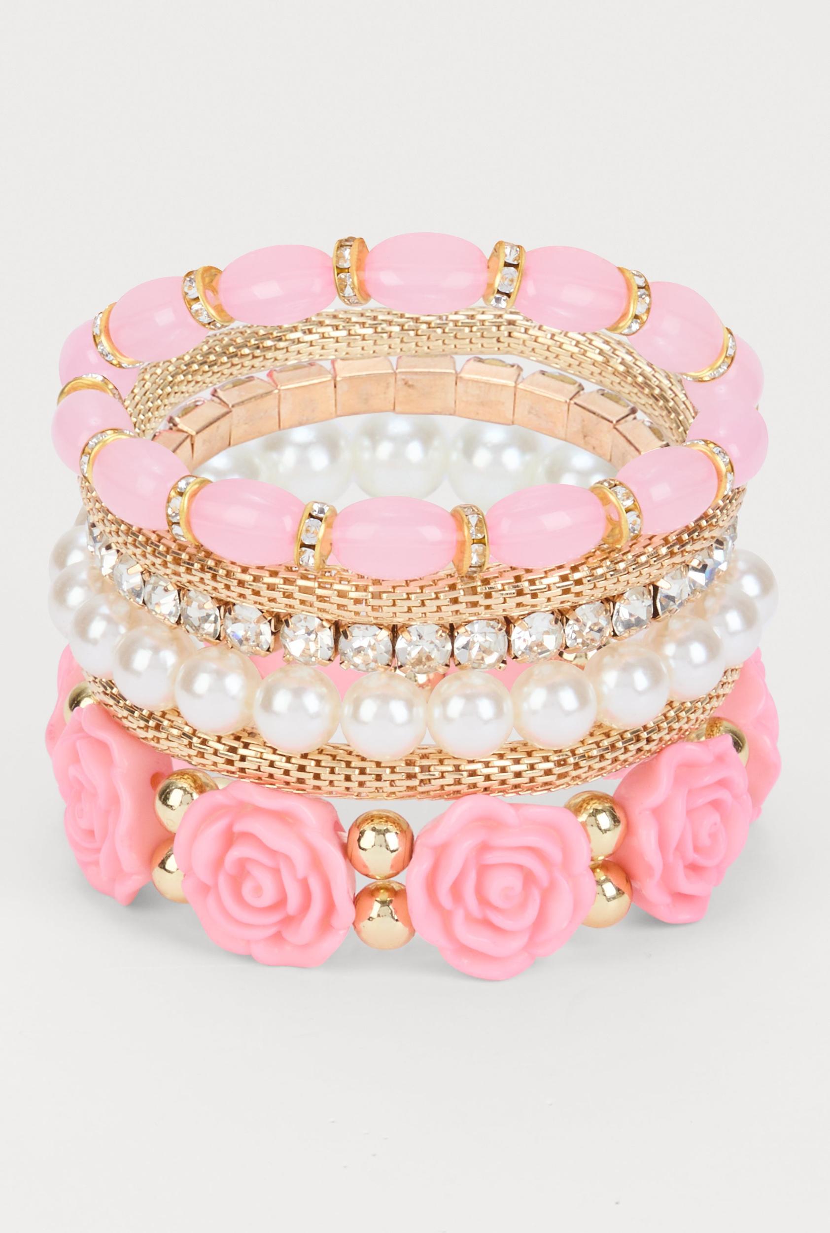 Womens Plus Size Floral Beaded Faux Pearl Stretch Bracelets Set of 6 Product Image