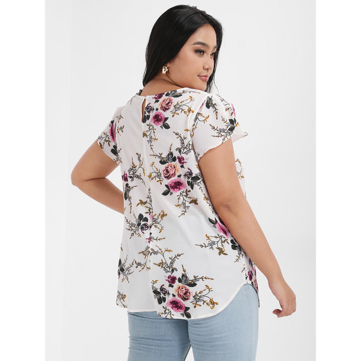 Plus Size White Floral Split Ruffled Button Round Neck Blouse Women Elegant Short sleeve Round Neck Dailywear Blouses BloomChic 20/2X Product Image