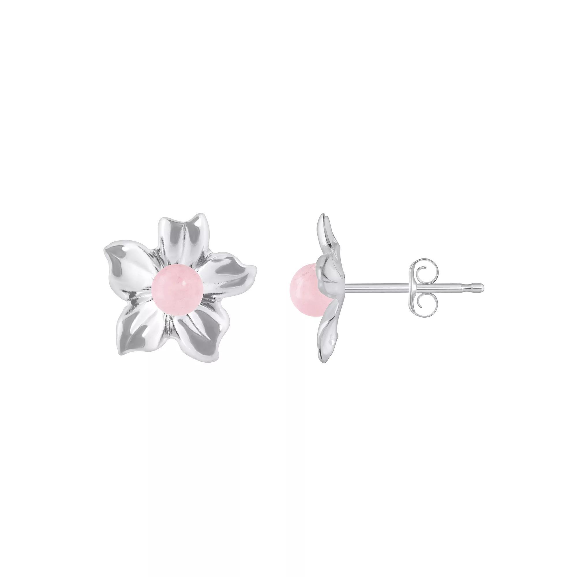 Celebration Gems 10k White Gold Sphere Gemstone Hibiscus Flower Stud Earrings, Women's, Pink Quartz Product Image