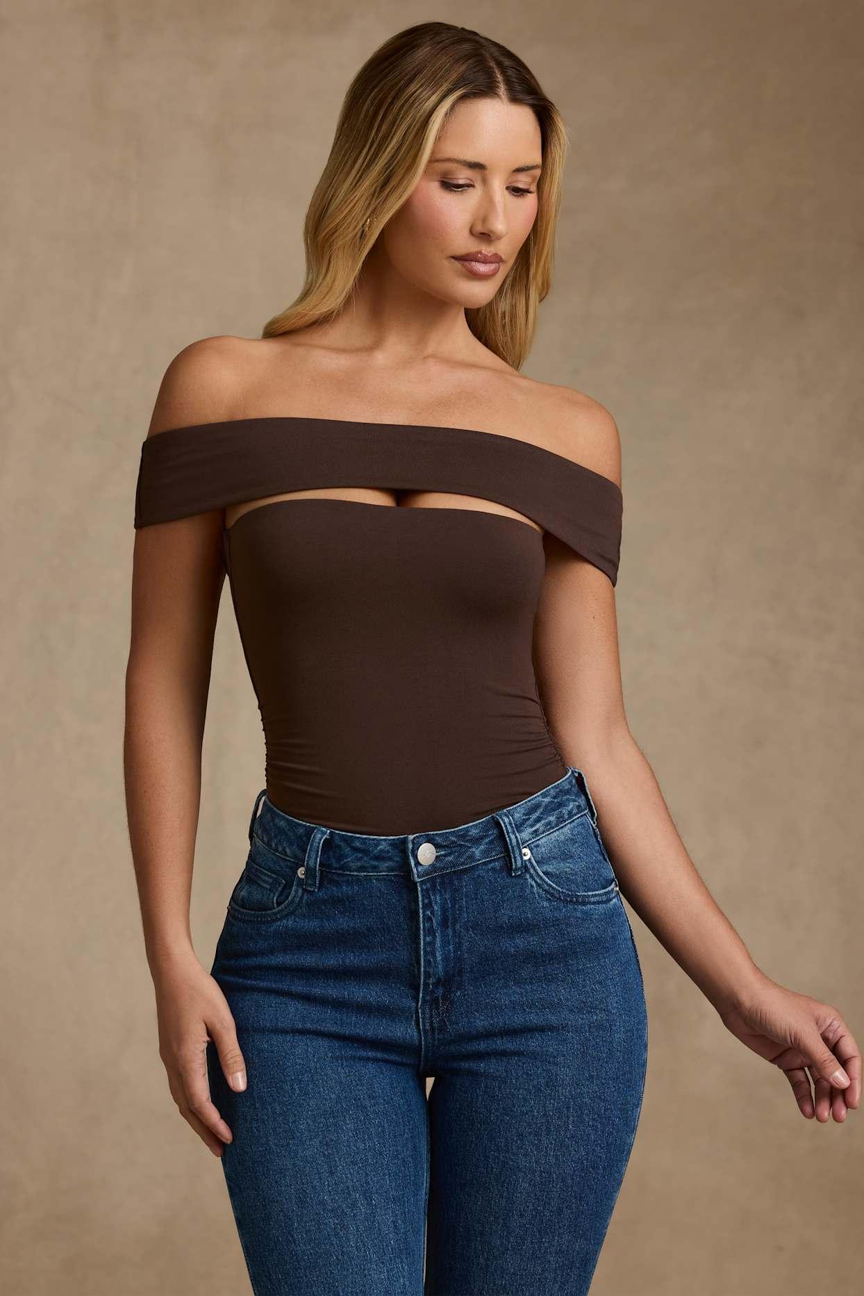 Modal Cut-Out Off-Shoulder Bodysuit in Chocolate Brown Product Image