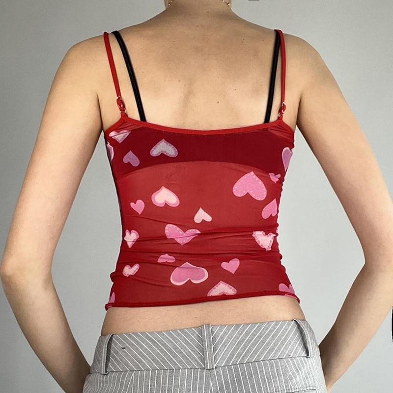 Heart Print Mesh Slim-Fit Crop Cami Top Product Image