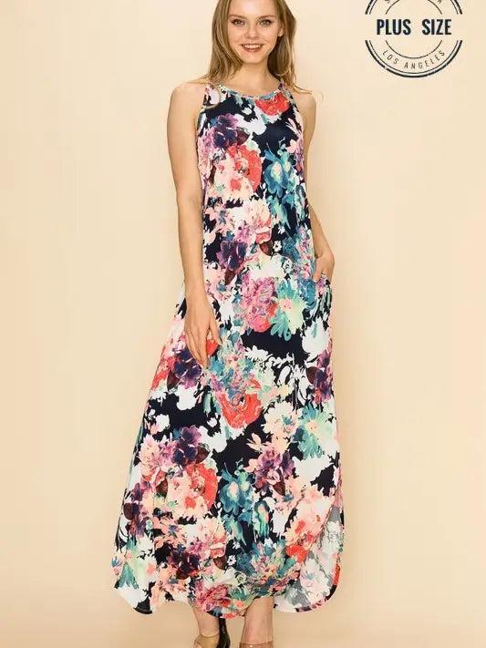 Plus Size Floral Sleeveless Maxi Dress with Pockets Female Product Image