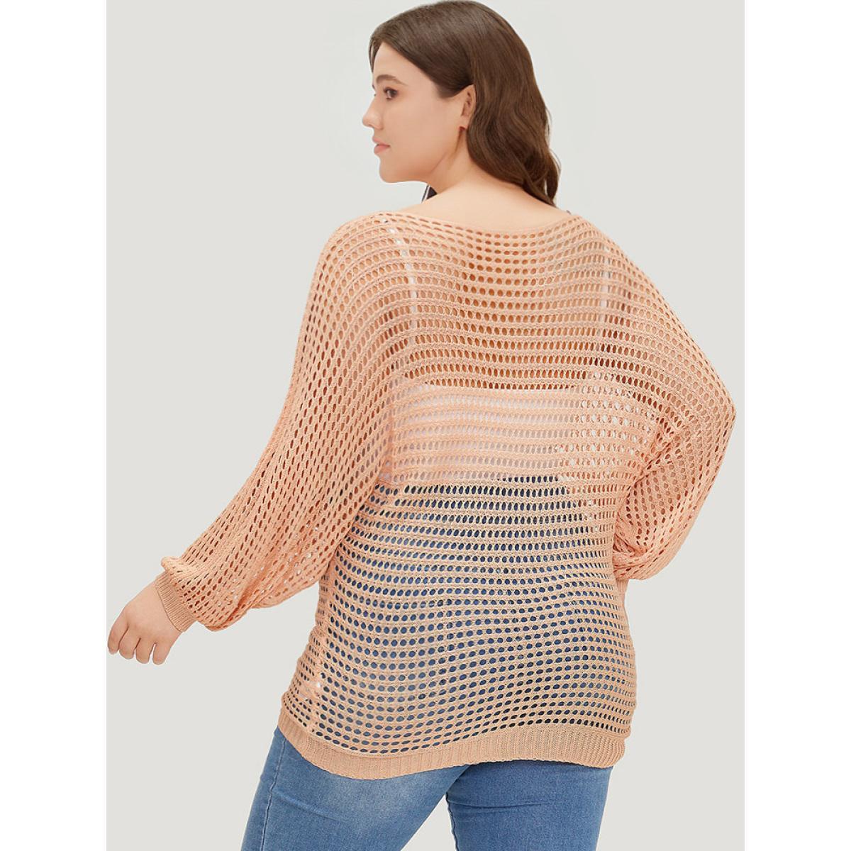 Plus Size UltraCool Solid Hollow Out Batwing Sleeve Pullover Salmon Women Casual Loose Long Sleeve Round Neck Everyday Pullovers BloomChic 22-24/3X Product Image