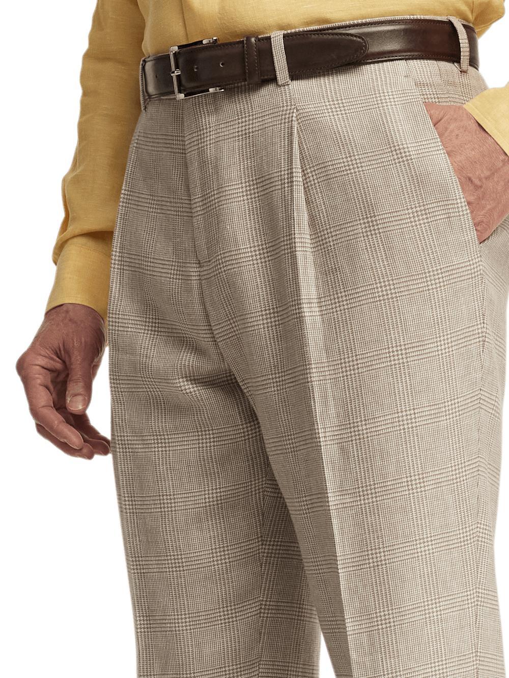 Linen Blend Plaid Single Pleat Suit Pants - Tan Product Image