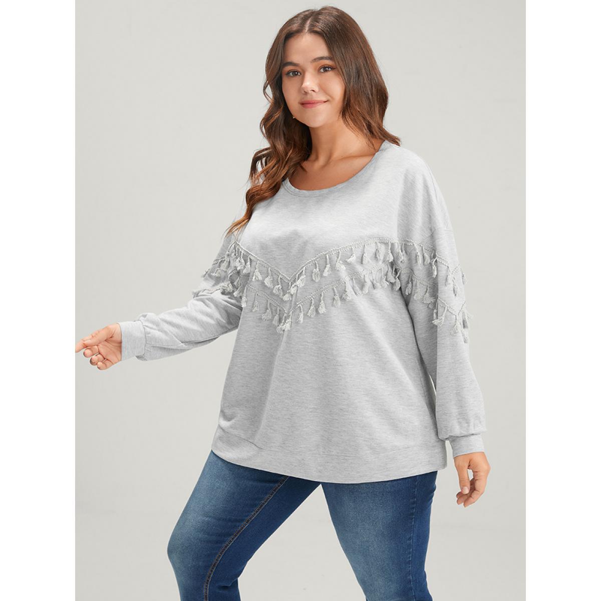 Plus Size Solid Round Neck Tassels Drop Shoulder Sweatshirt Women LightGray Casual Patchwork Round Neck Dailywear Sweatshirts BloomChic 12/L Product Image