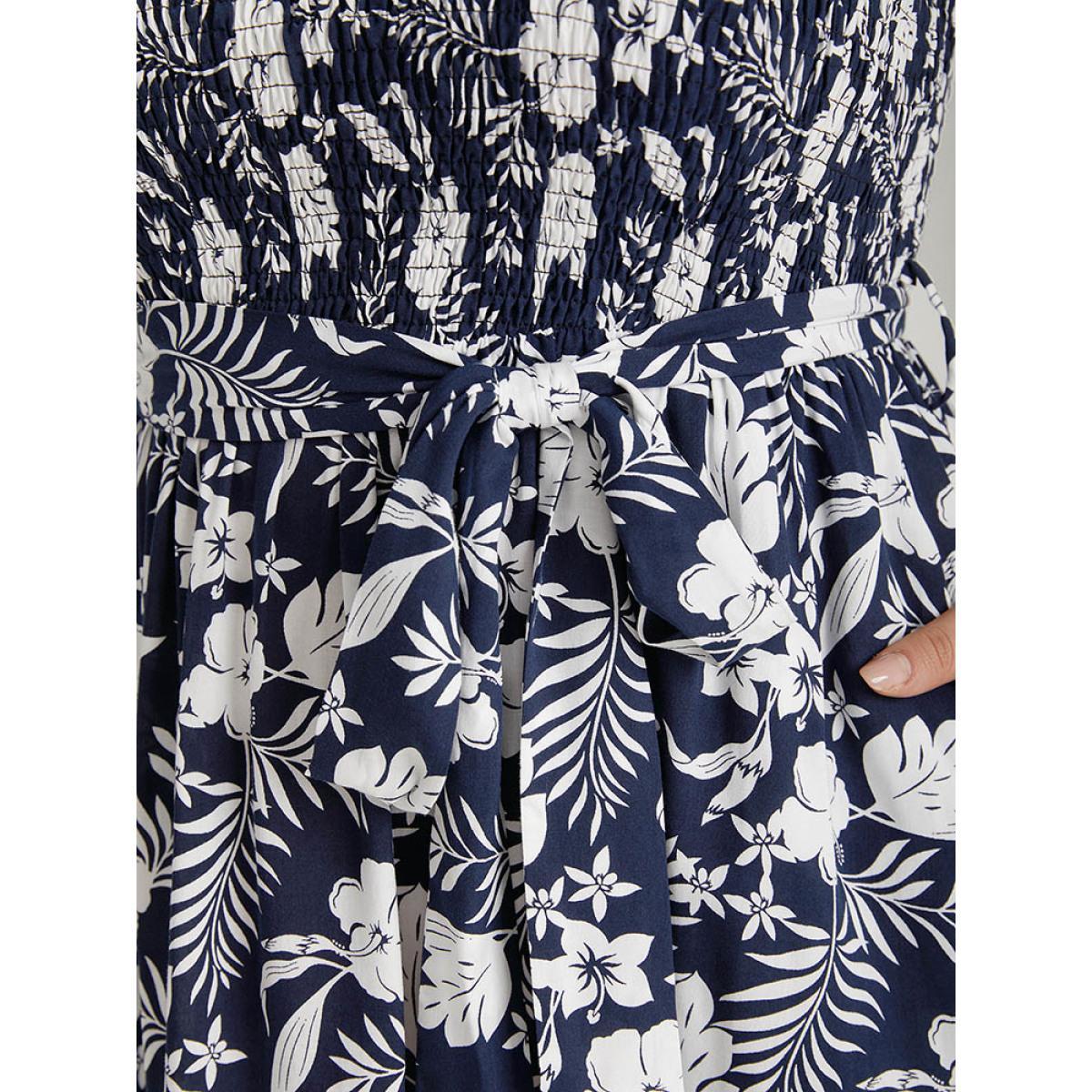 Plus Size Floral Print Spaghetti Strap Shirred Belted Pocket Dress DarkBlue Women Elegant Belted Spaghetti Strap Sleeveless Curvy Midi Dress BloomChic 10/M Product Image