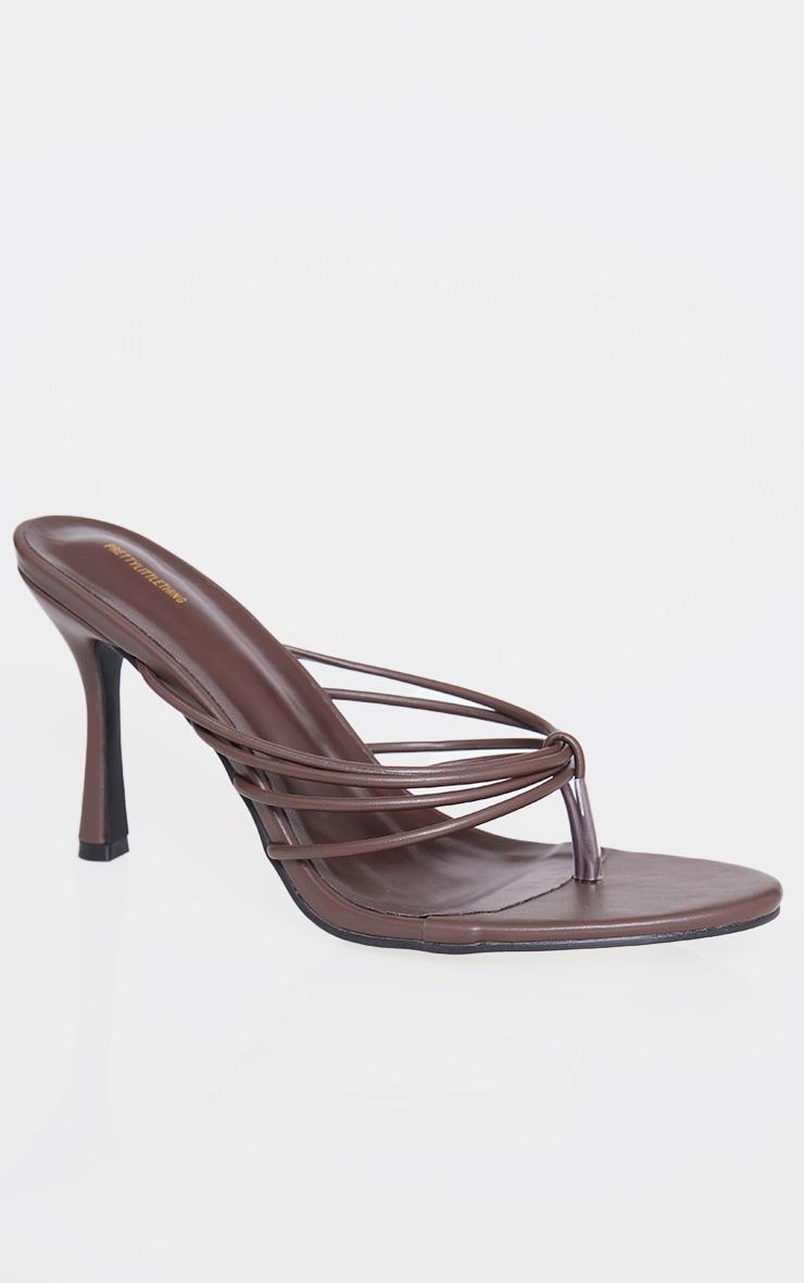 Chocolate Pu Round Toe Thong Strappy Mid Heeled Mules Product Image