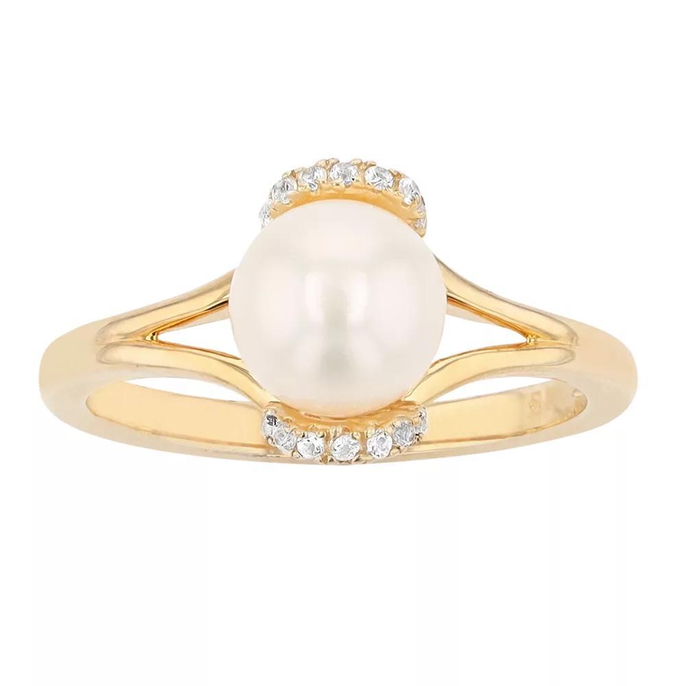 14k Gold Over Silver Freshwater Cultured Pearl & Lab-Created White Sapphire Ring, Women's, Size: 8 Product Image