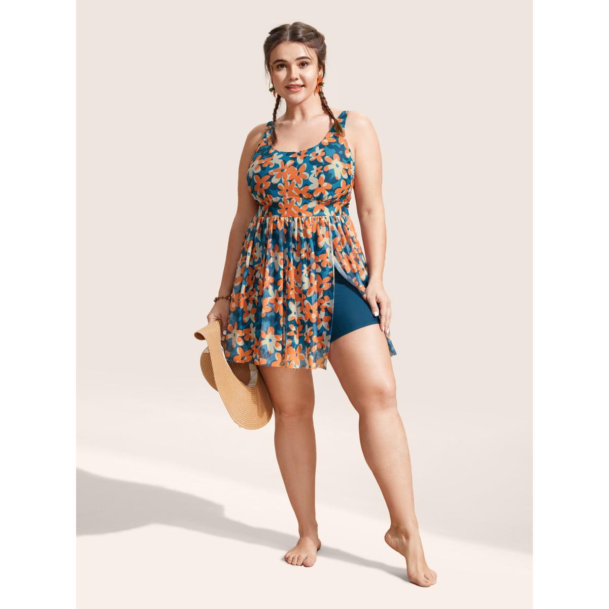 Plus Size Ditsy Floral Slit Hem See Through Swim Dress Women's Swimwear Multicolor Beach Bodycon U-neck High stretch Curve Swim Dresses BloomChic 12/L Product Image