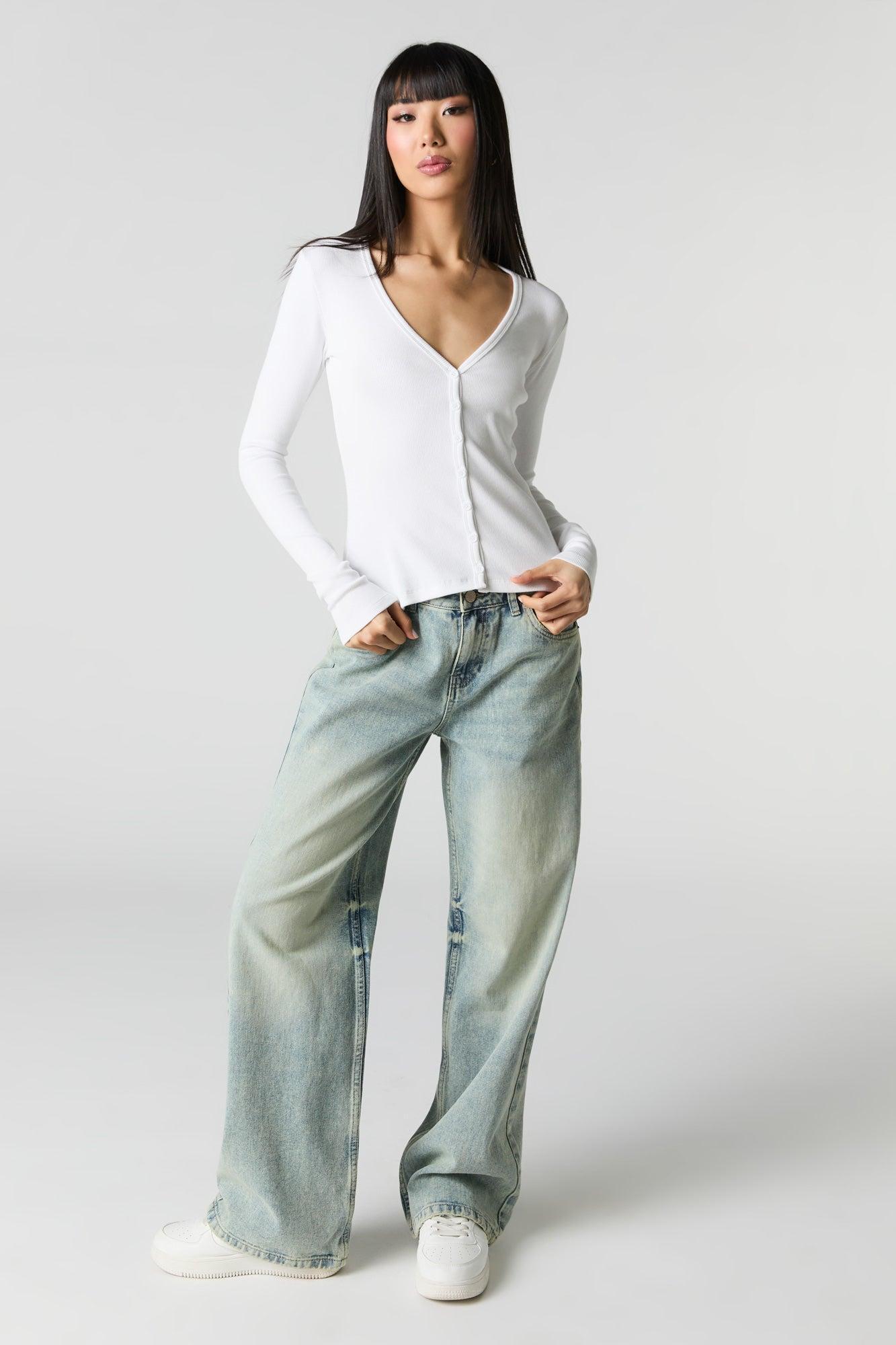 Ribbed V-Neck Button-Up Top Female Product Image