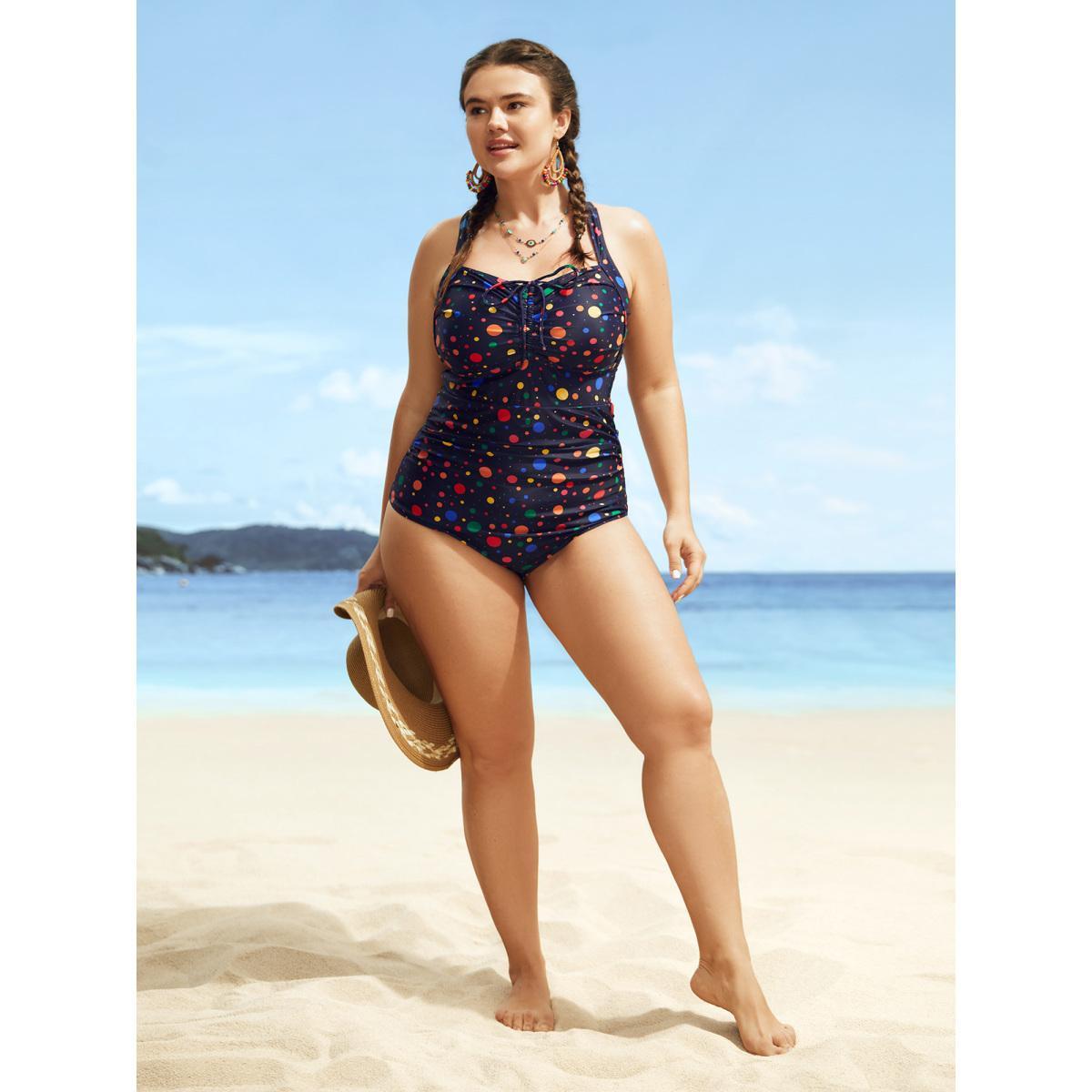 Plus Size Colored Polka Dot Ties Ruched One Piece Swimsuit Women's Swimwear Indigo Beach Tie knot Curve Bathing Suits High stretch One Pieces BloomChic 28/5X Product Image