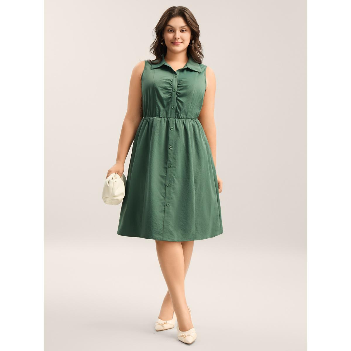 Plus Size Ruched Cinched-Waist Shirt Dress Emerald Women Shirt collar Sleeveless Curvy BloomChic 18-20/2X Product Image