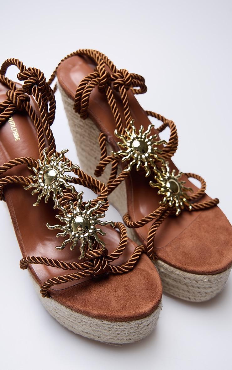 Brown Sun Charm Rope Lace Up Heeled Espadrille Wedges Product Image