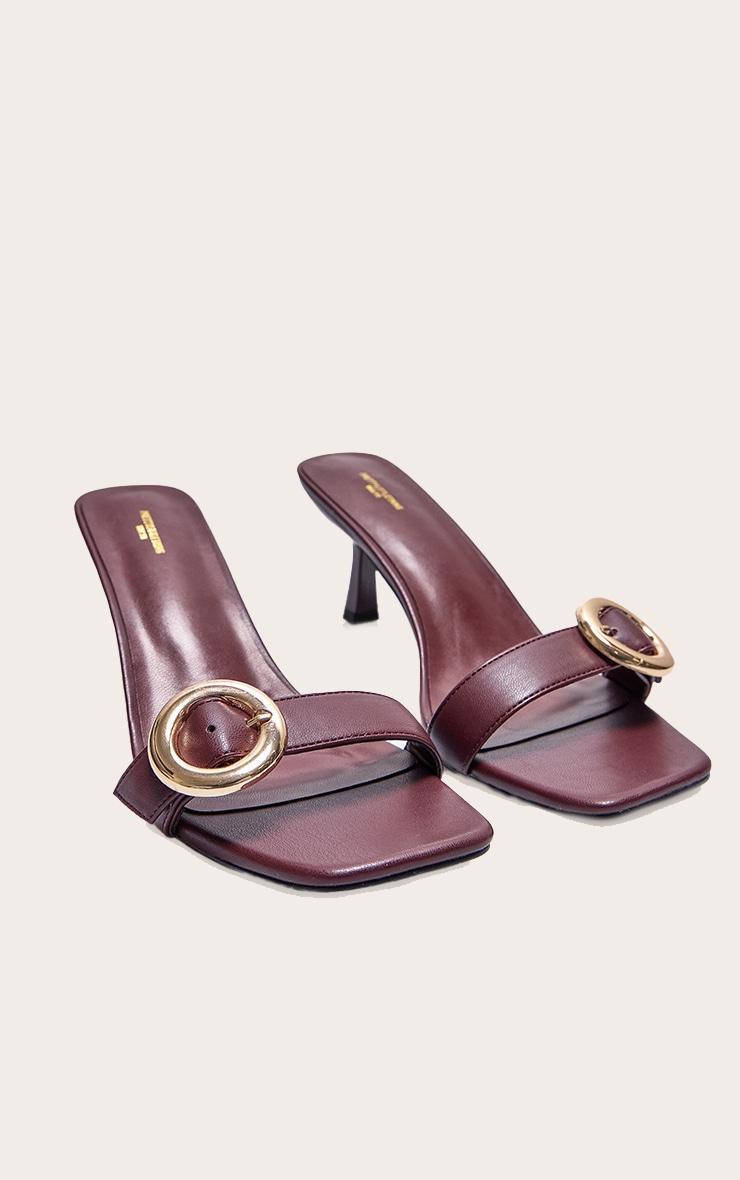 Wide Fit Burgundy Pu Square Toe Buckle Detail Low Heeled Mules Product Image