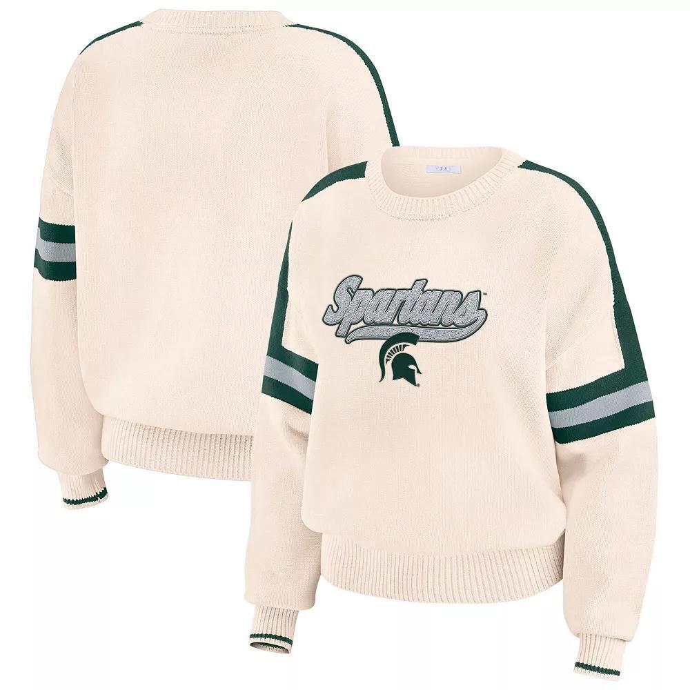 Women's WEAR by Erin Andrews  Cream Michigan State Spartans Chenille Woven Patch Stripe Pullover Sweater, Size: XXL, Beige Product Image