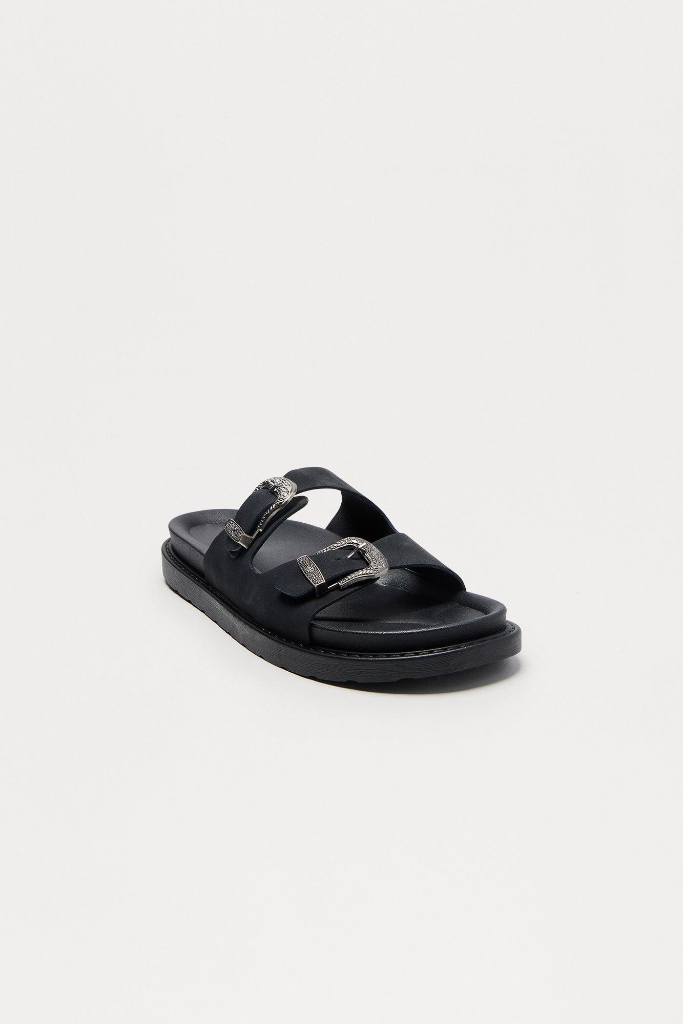 Double Strap Buckle Detail Sandals - Black Product Image