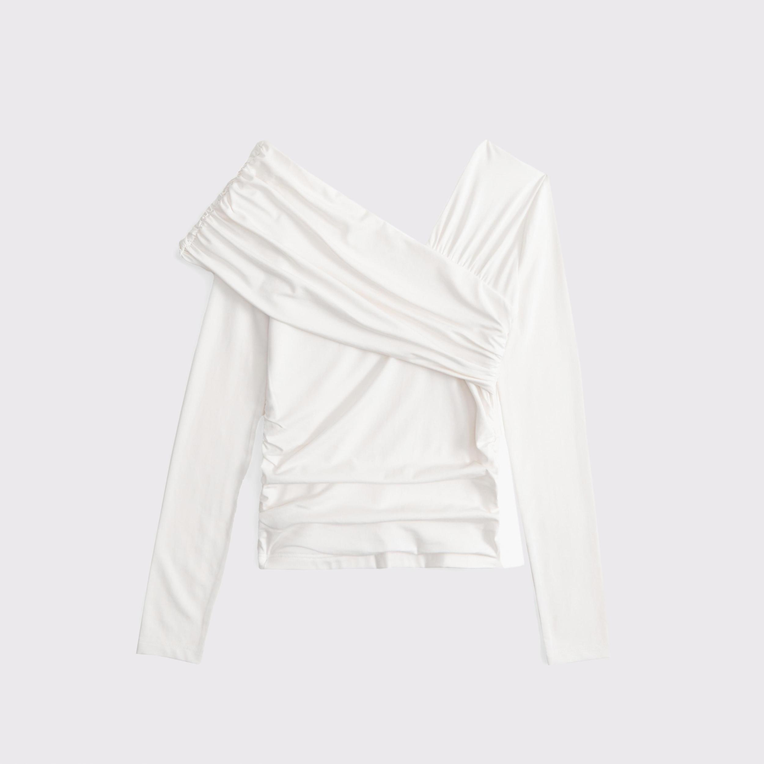 Long-Sleeve Off-The-Shoulder Draped Wrap Top Product Image