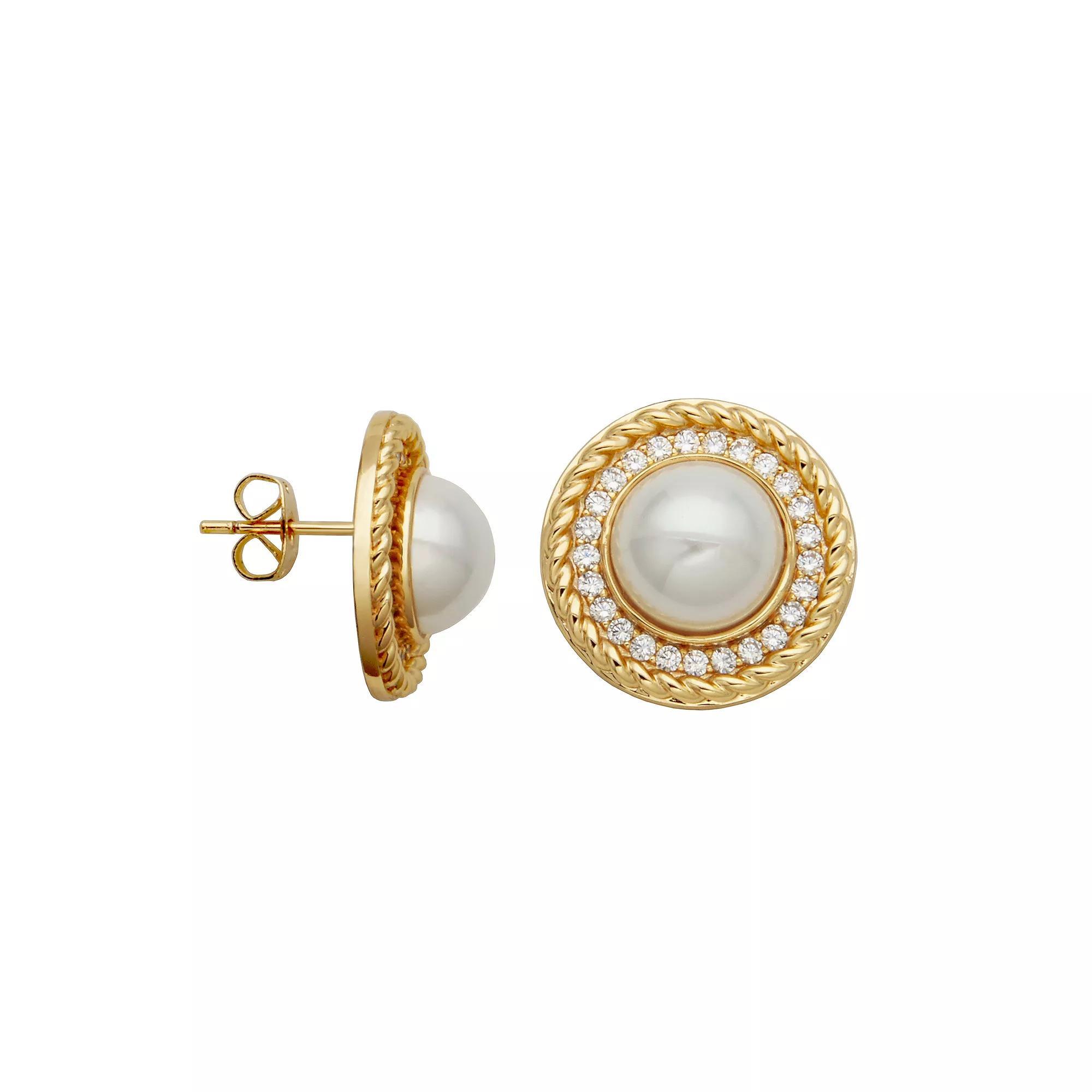 Sarafina 14k Gold Plated Simulated Pearl & Cubic Zirconia Accent Halo Stud Earrings, Women's, Gold Tone White Product Image