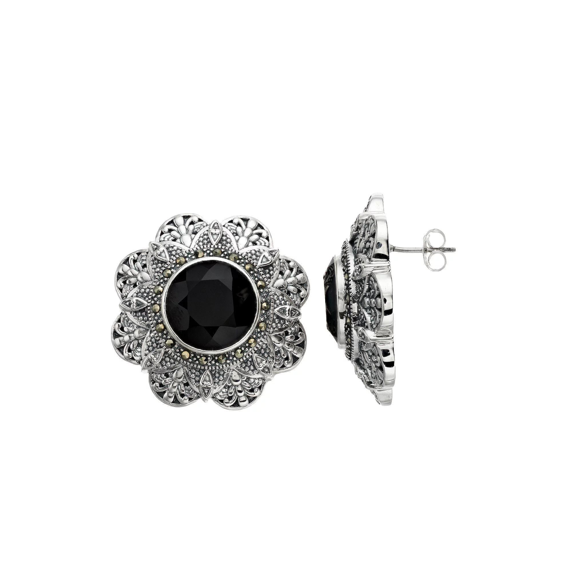 Lavish by TJM Sterling Silver Onyx & Marcasite Floral Stud Earrings, Women's Product Image