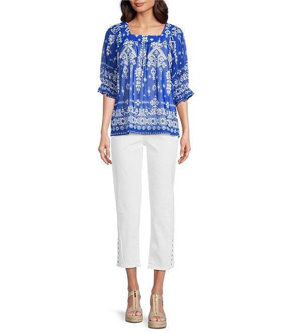 Calessa Petite Size Mesh Knit Border Henna Printed Square Neck Elbow Sleeve Tunic Product Image