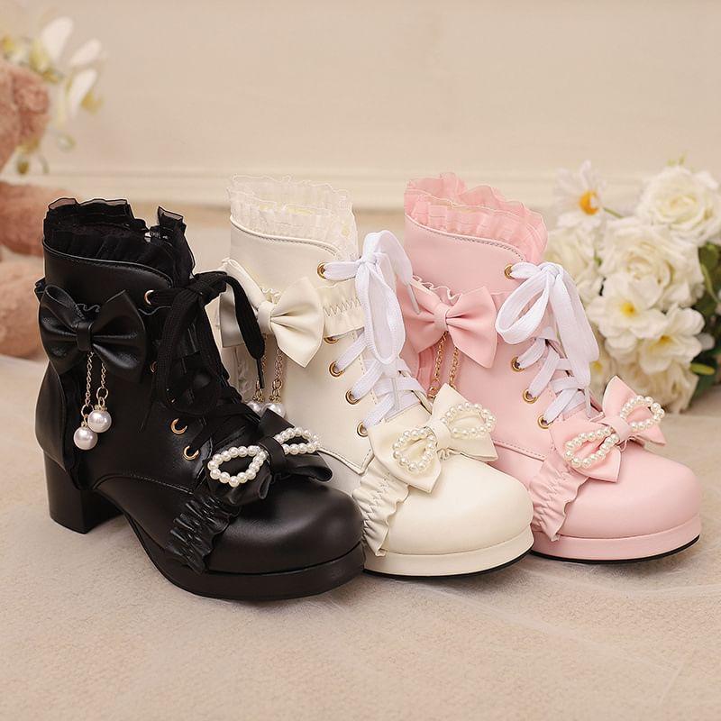 Platform Chunky Heel Lace-Up Ruffled Short Boots Product Image
