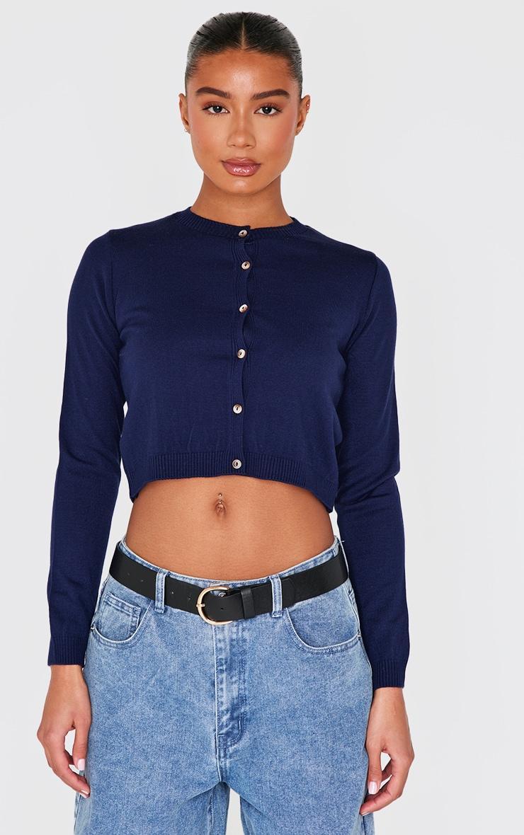 Navy Basic Button Up Knit Cardigan Product Image