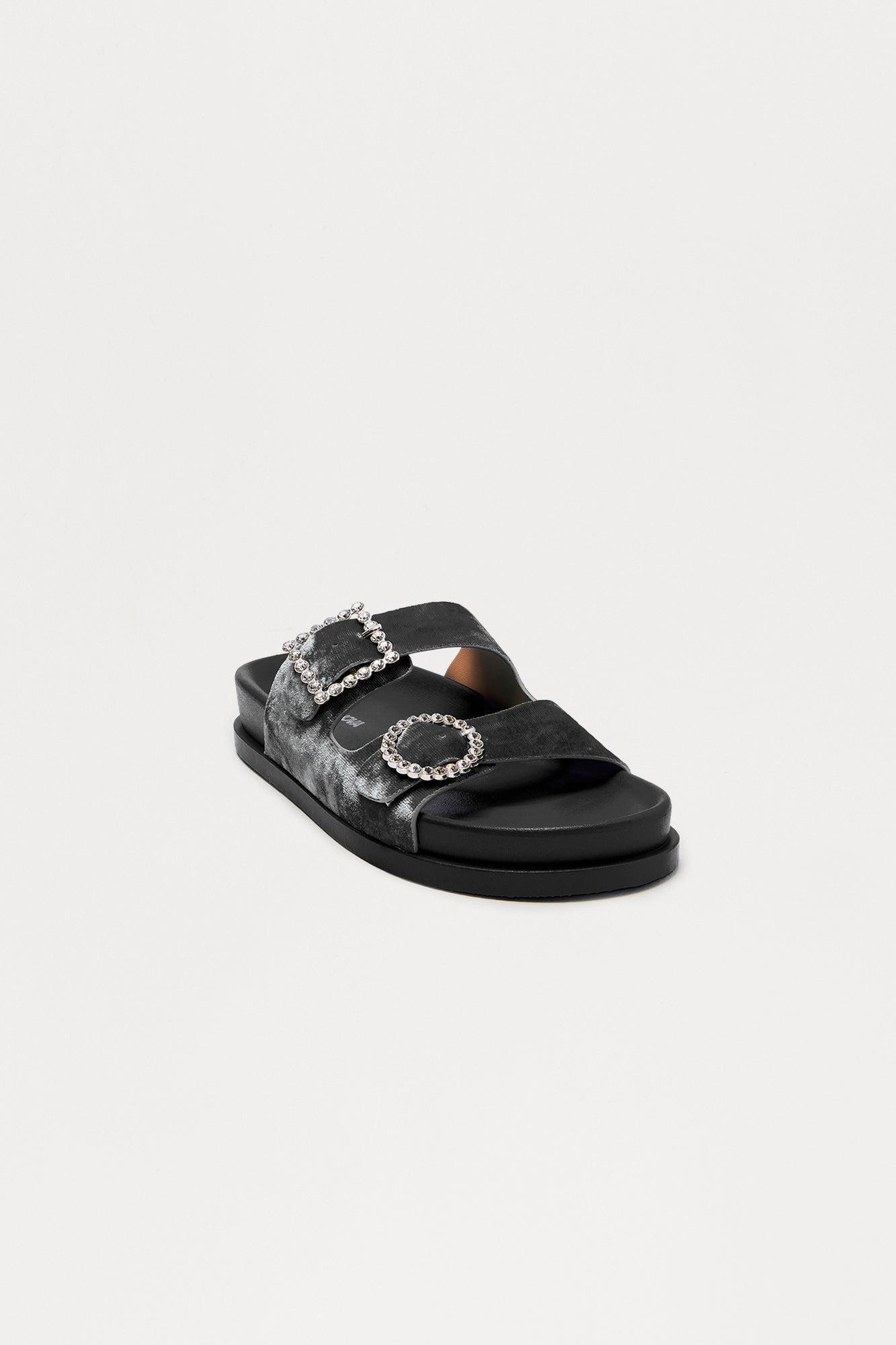 Ivona Rhinestone Buckle Velvet Sandals - Black Product Image