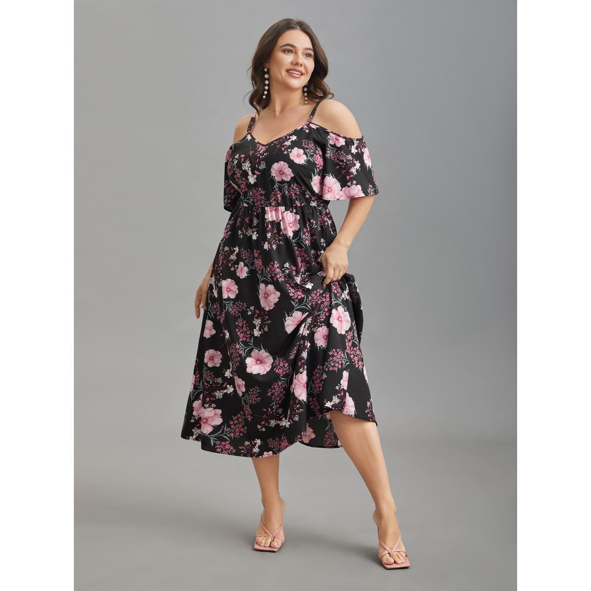 Plus Size Floral Print Cold-Shoulder Pockets Midi Dress Black Women Elegant Non Heart neckline Short sleeve Curvy BloomChic 12/L Product Image