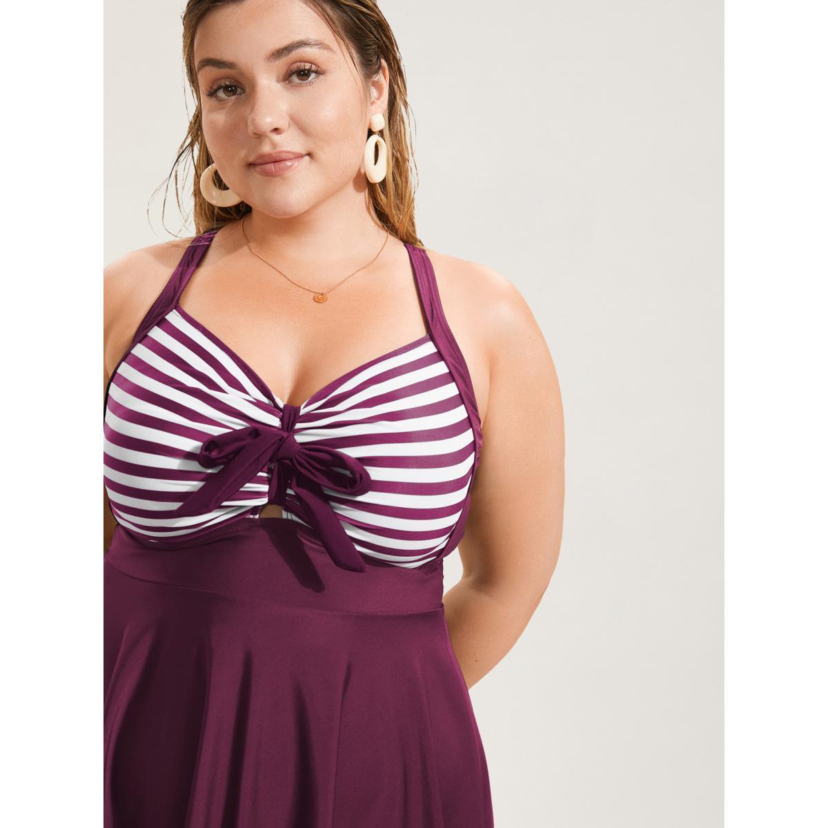 Plus Size Stripes Patchwork Tie Knot Cross Straps Swim Dress Women's Swimwear Deeppurplered Beach Bodycon Heart neckline High stretch Curve Swim Dresses BloomChic 12/L Product Image